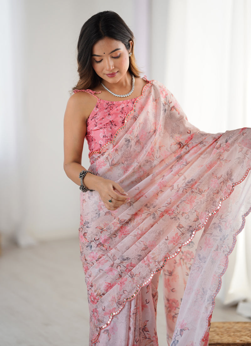 Baby Pink Chinon Silk Saree with Mirror Work Border for Girls