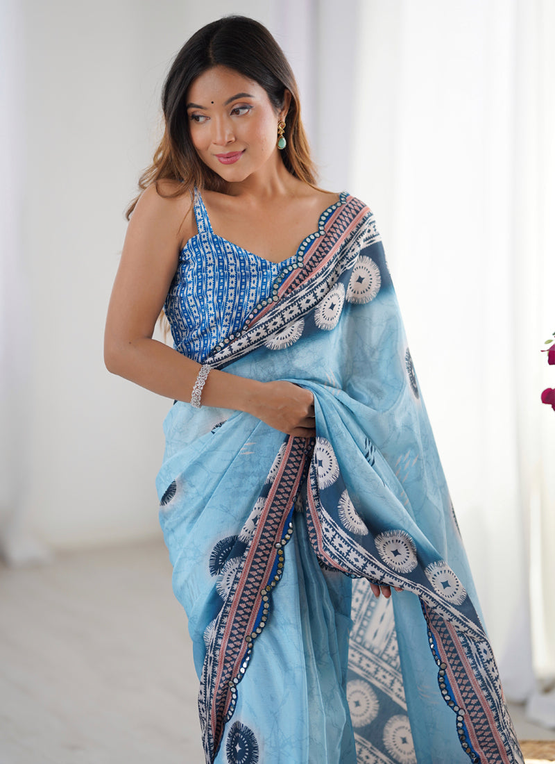 Sky Blue Chinon Silk Saree with Mirror Work Border