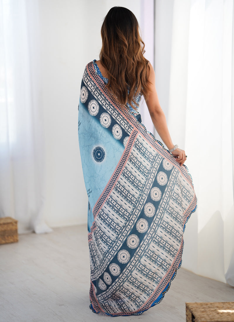 Sky Blue Chinon Silk Saree with Mirror Work Border