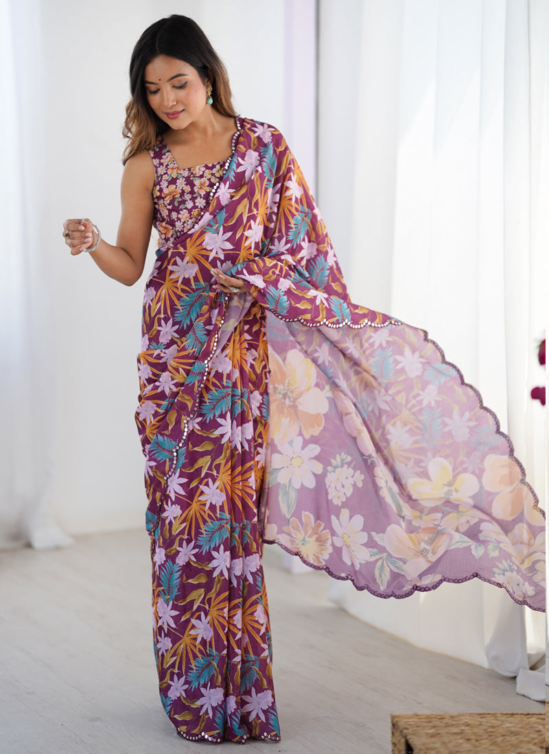 Wine Chinon Silk saree with heavy mirror work border and elegant draped styling.