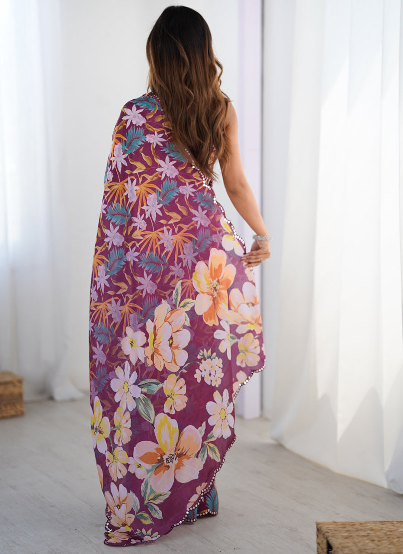 Wine Chinon Silk Saree with Mirror Work Border for Special Events