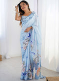 Sky blue printed Chinon silk designer saree with reflective mirror work border detailing