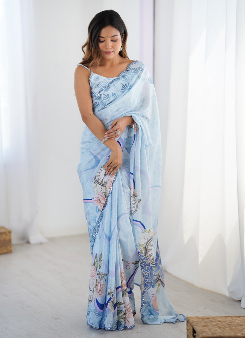 Sky Blue Chinon Silk Printed Saree with Mirror Work Border