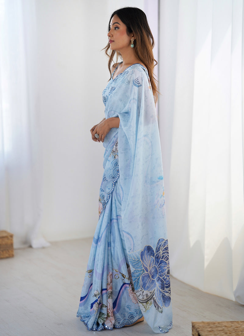 Sky Blue Chinon Silk Printed Saree with Mirror Work Border