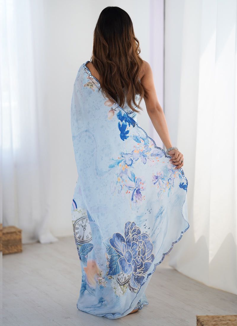 Sky Blue Chinon Silk Printed Saree with Mirror Work Border
