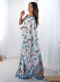 Off White and Sky Blue Chinon Silk Printed Saree