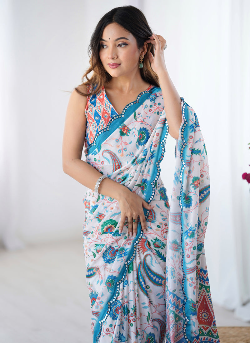 Off White and Sky Blue Chinon Silk Printed Saree