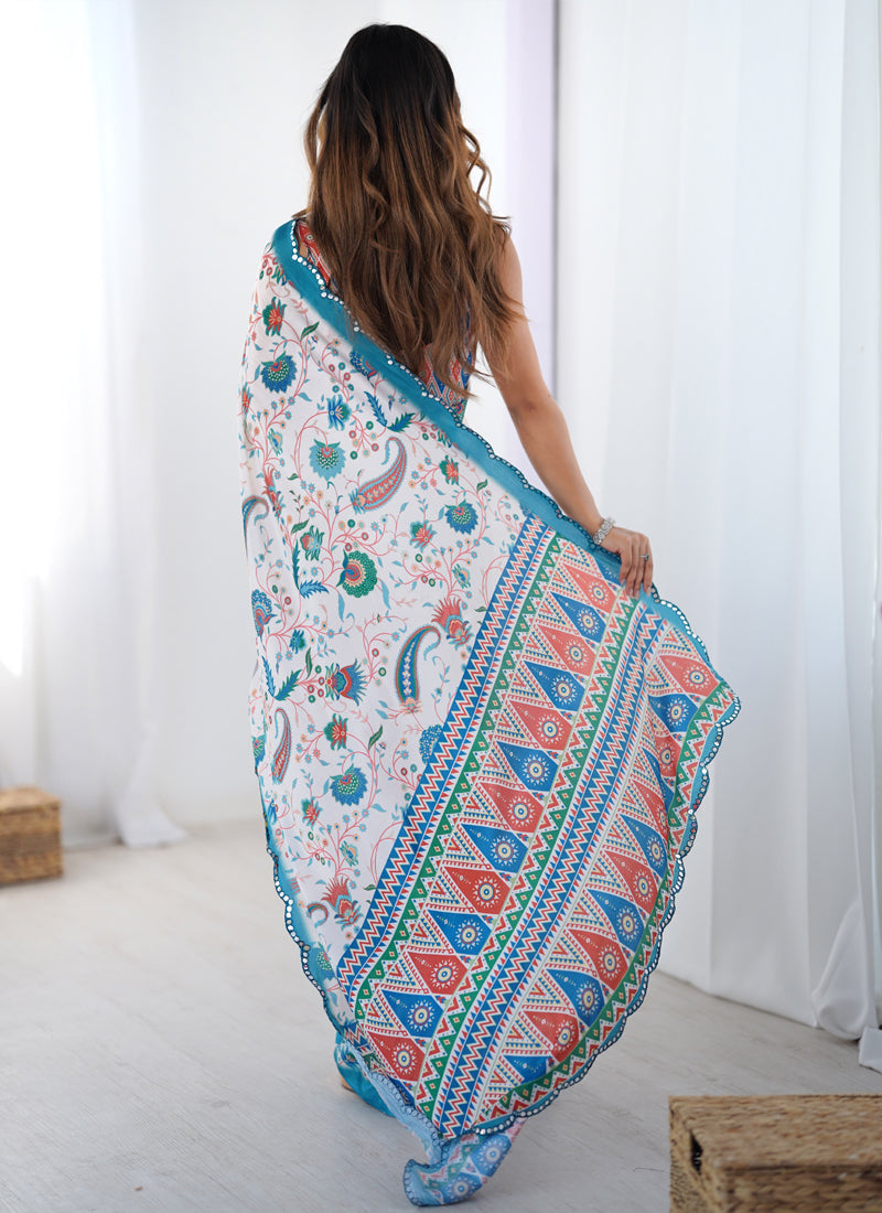 Off White and Sky Blue Chinon Silk Printed Saree