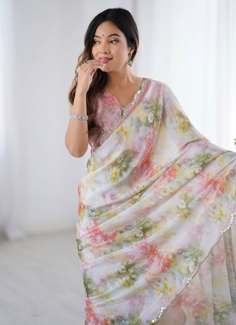 Off White and Sky Blue Chinon Silk Printed Mirror Work Saree