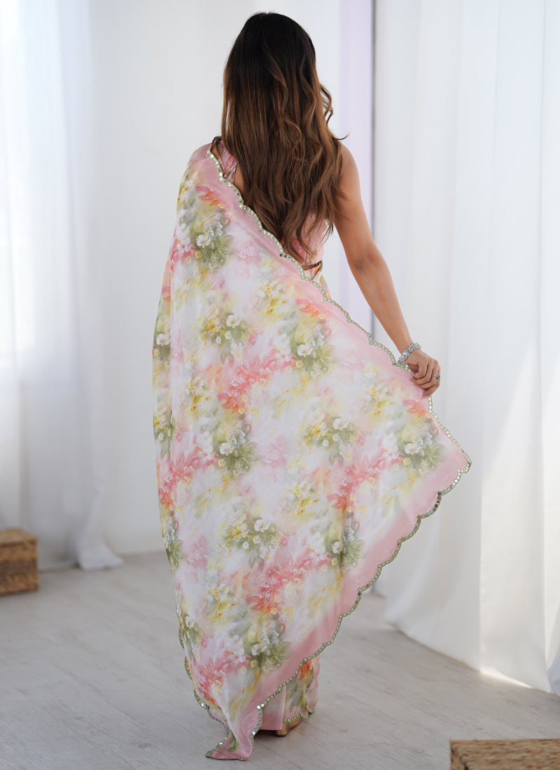 Off White and Sky Blue Chinon Silk Printed Mirror Work Saree