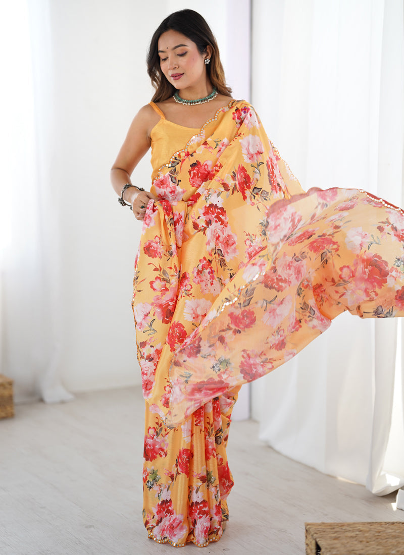 Yellow Silk Designer Saree With Mirror Work Border And Print