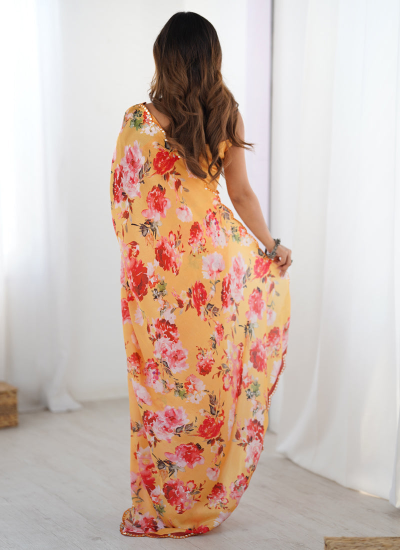 Yellow Silk Designer Saree With Mirror Work Border And Print