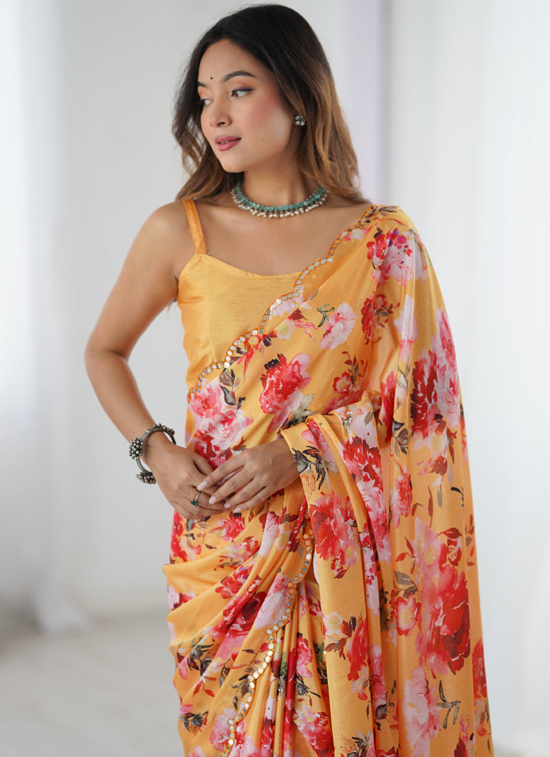 Yellow Silk Designer Saree With Mirror Work Border And Print