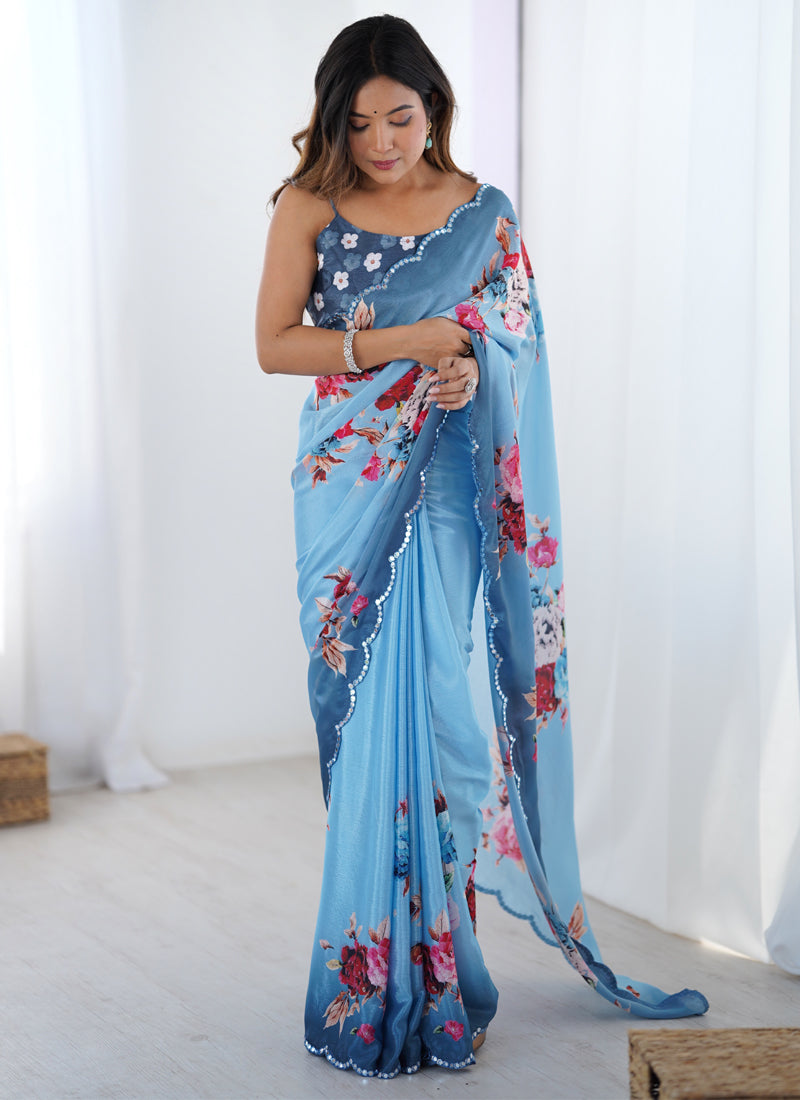 Sky Blue Chinon Silk designer saree with mirror work border and floral print details