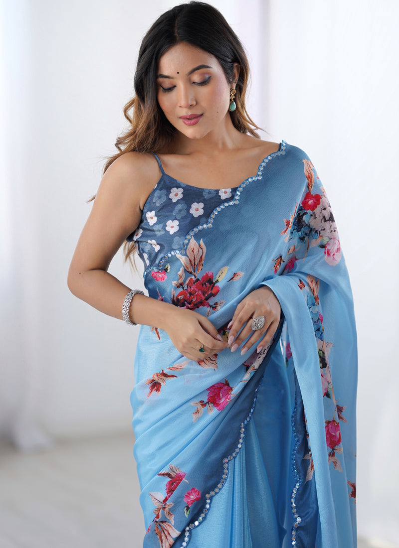 Sky Blue Chinon Silk Printed Saree with Mirror Work Border