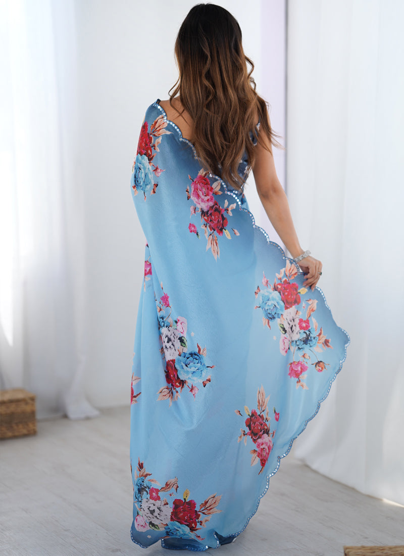 Sky Blue Chinon Silk Printed Saree with Mirror Work Border