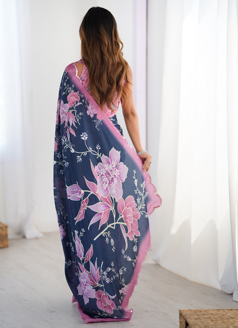 Blue Chinon Silk Print Designer Saree with Mirror Work