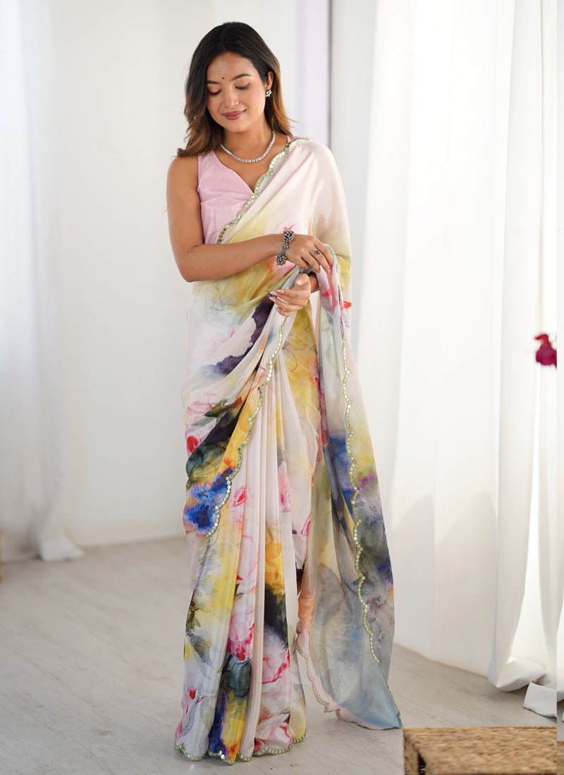 Elegant off-white and sky blue Chinon silk saree for girls with intricate mirror work border and included blouse
