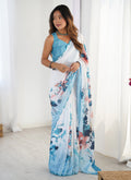 Elegant sky blue Chinon silk saree with a decorative mirror work border