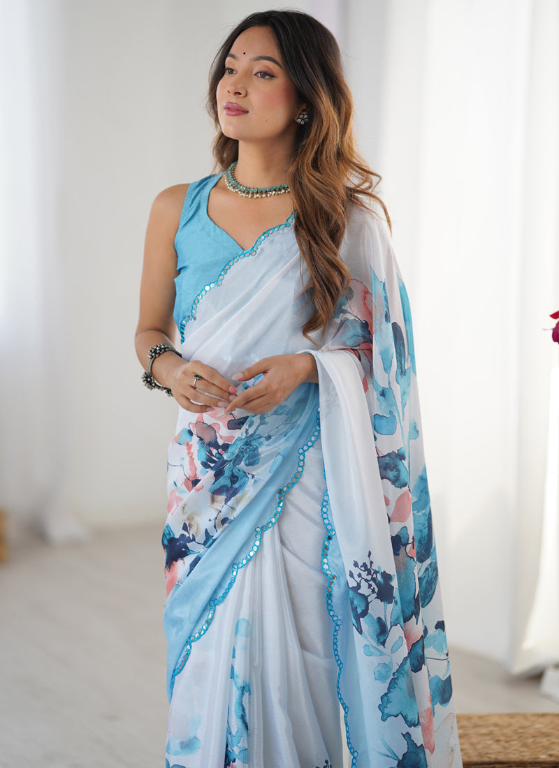 Sky Blue Chinon Silk Saree with Mirror Work Border