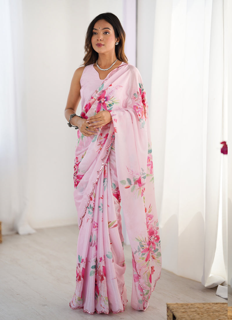 Baby Pink Chinon Silk Saree with Mirror Work Border for Girls