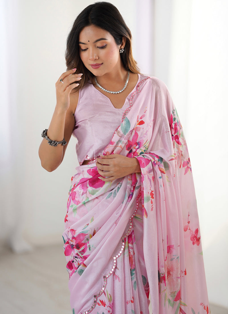 Baby Pink Chinon Silk Saree with Mirror Work Border for Girls