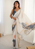 Off White and Sky Blue Chinon Silk Printed Mirror Work Saree