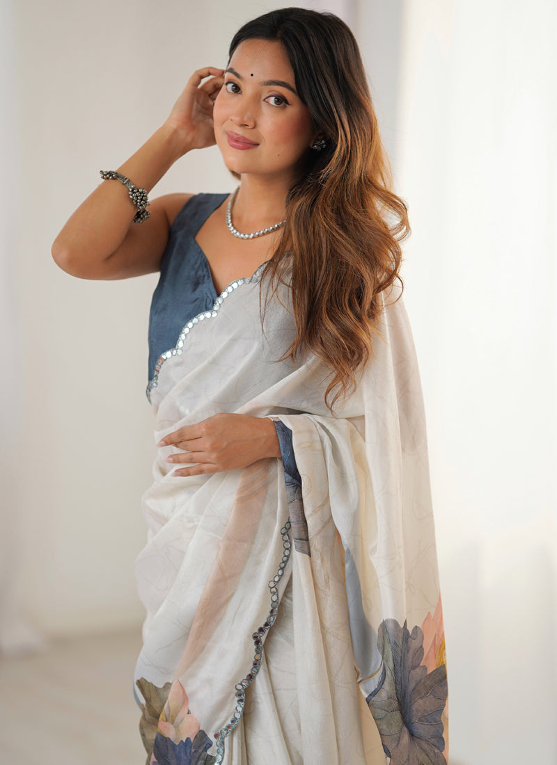 Off White and Sky Blue Chinon Silk Printed Mirror Work Saree