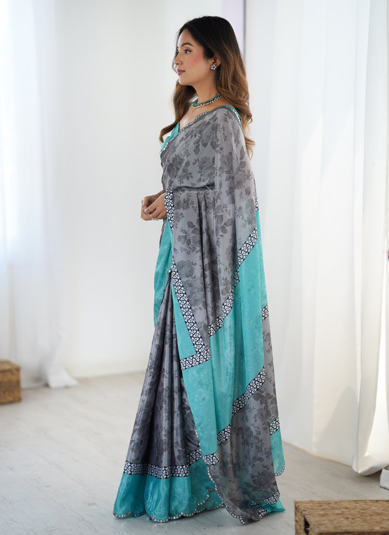 Grey Chinon Silk Printed Saree with Mirror Work Border
