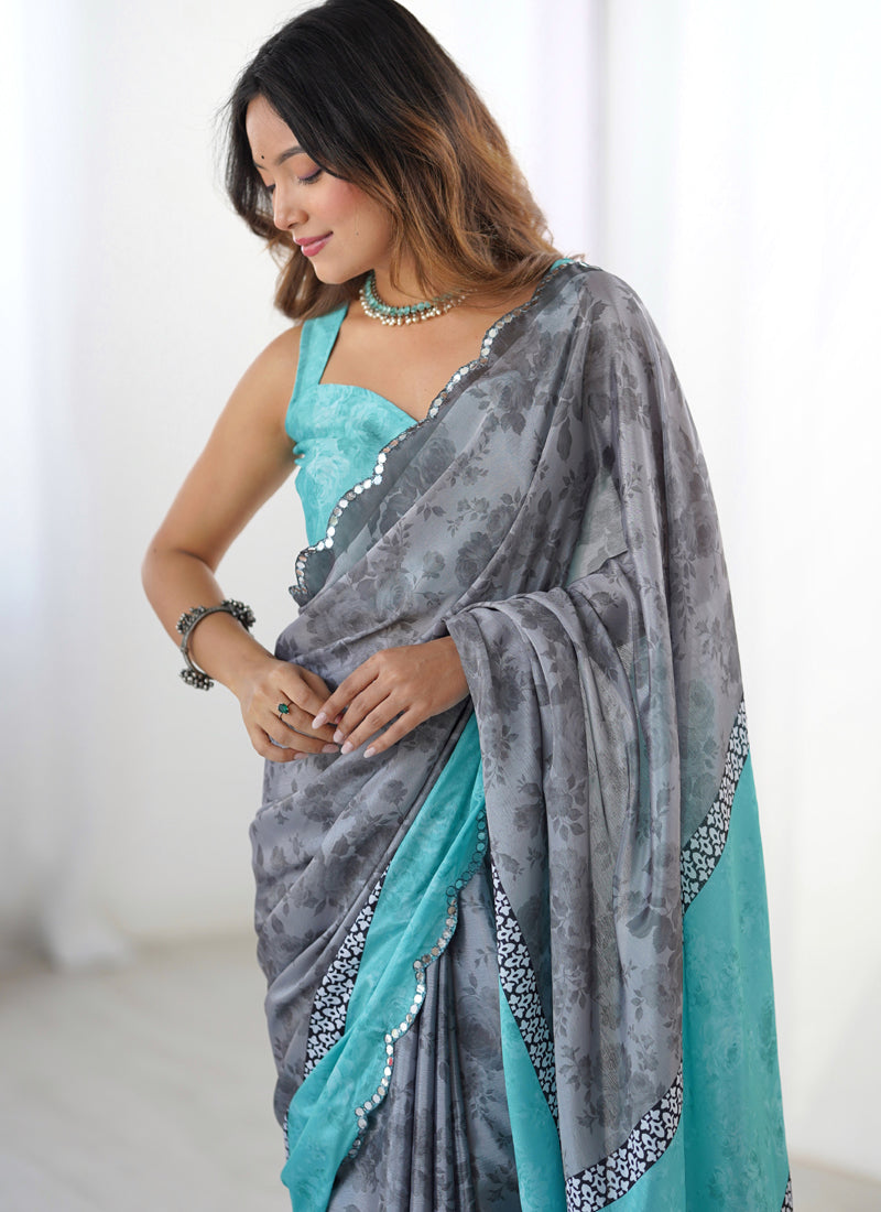 Grey Chinon Silk Printed Saree with Mirror Work Border