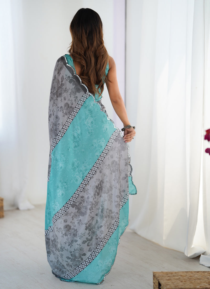 Grey Chinon Silk Printed Saree with Mirror Work Border