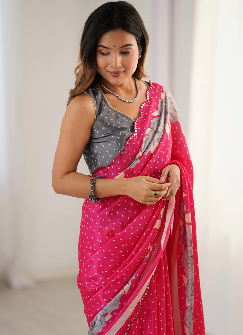 Pink Chinon Silk Printed Saree with Mirror Work Border
