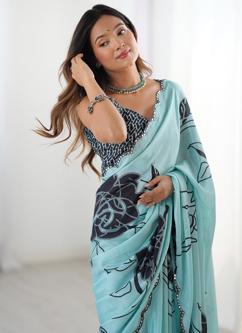 Sky Blue Chinon Silk Printed Saree with Mirror Work Border