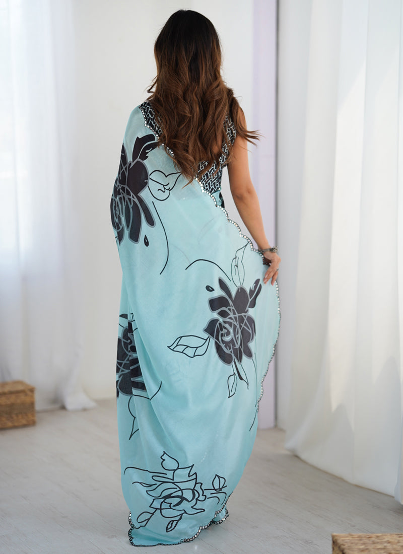 Sky Blue Chinon Silk Printed Saree with Mirror Work Border