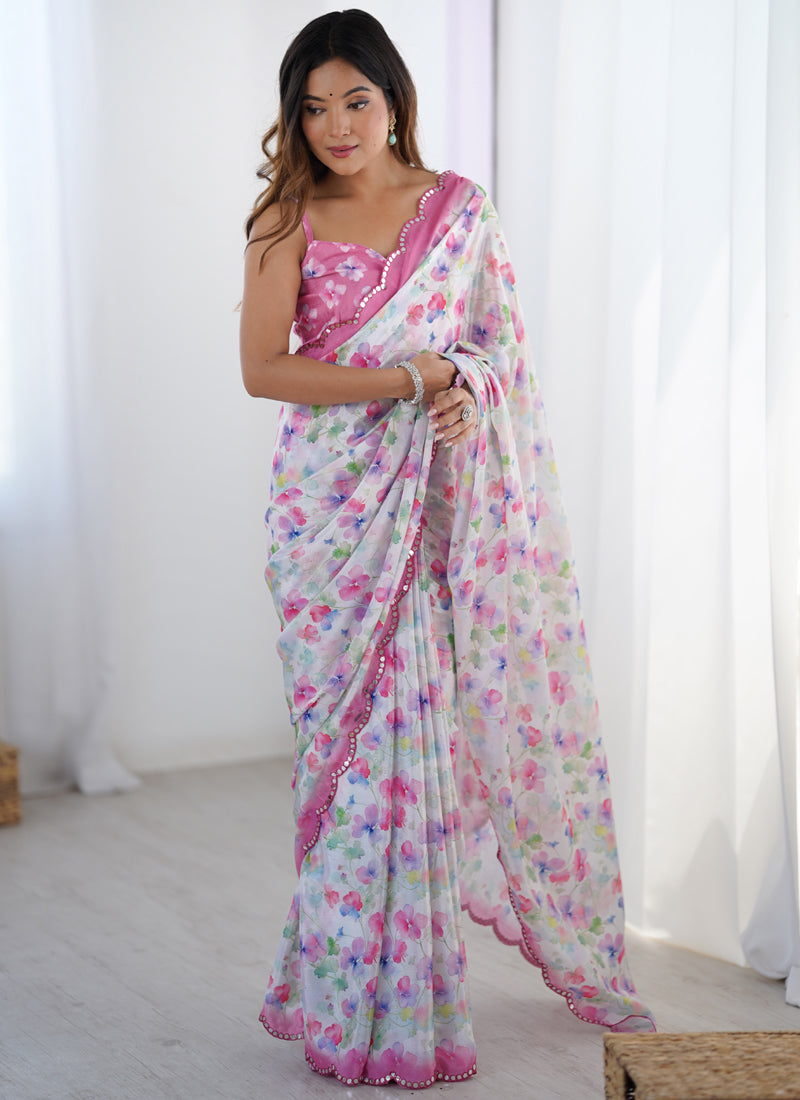 Off-White Chinon Silk Designer Saree with Mirror Work Border