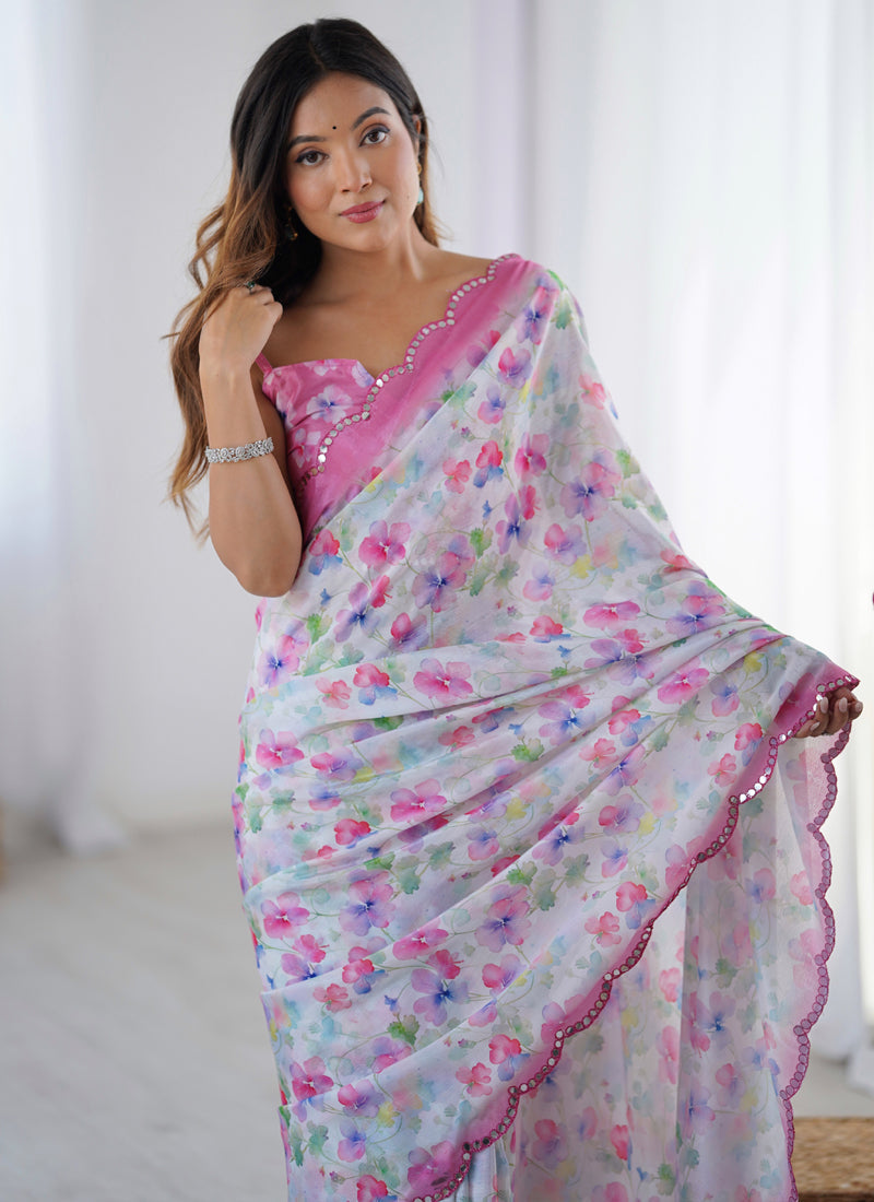 Off-White Chinon Silk Designer Saree with Mirror Work Border