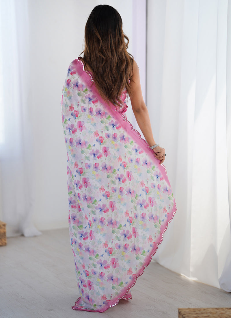 Off-White Chinon Silk Designer Saree with Mirror Work Border
