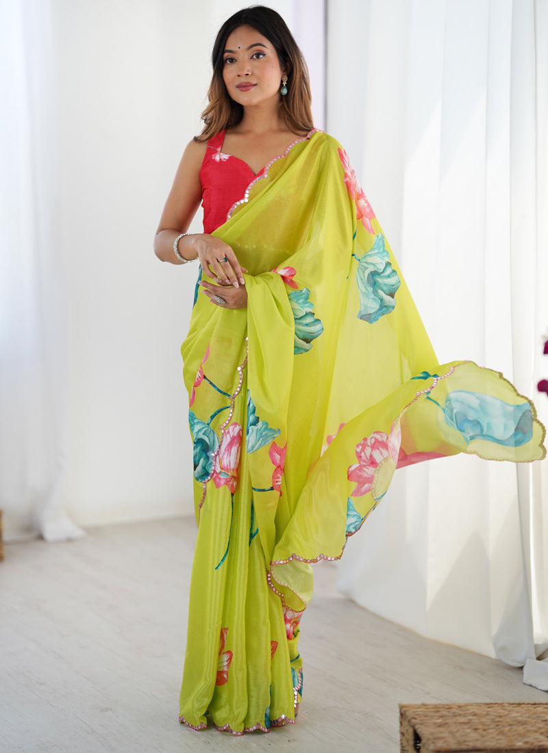 Lemon Yellow Chinon Silk saree with heavy mirror work border and floral print