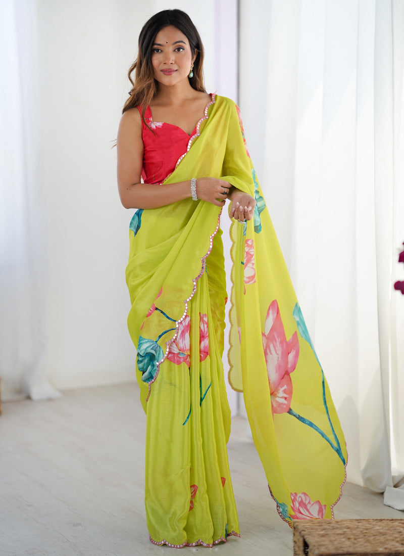 Lemon Yellow Chinon Silk Saree with Mirror Work Border