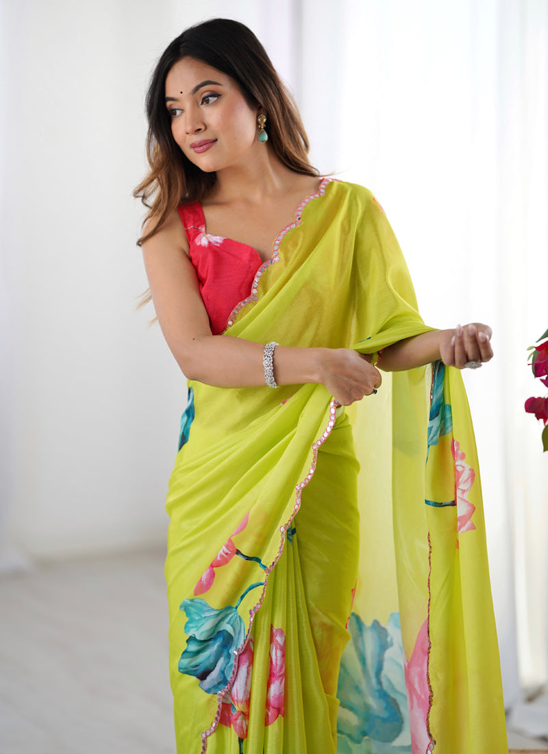 Lemon Yellow Chinon Silk Saree with Mirror Work Border