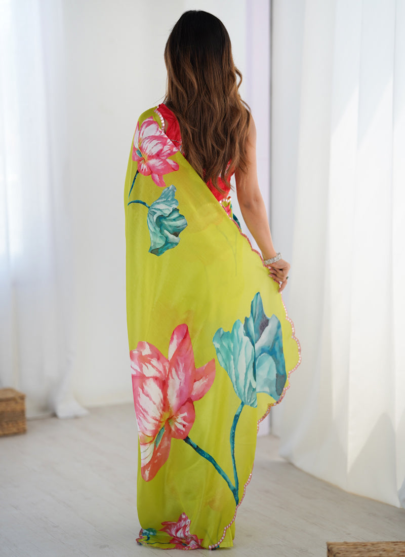 Lemon Yellow Chinon Silk Saree with Mirror Work Border