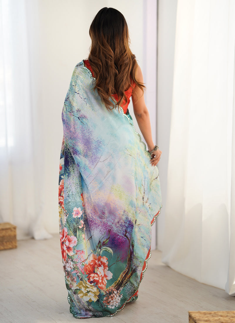 Multicolor Chinon Silk Printed Saree with Mirror Work Border