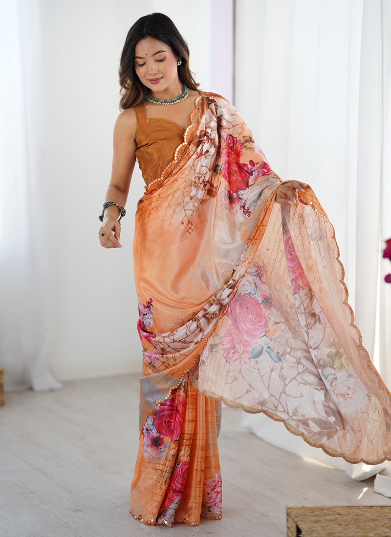 Multicolor floral print Chinon silk designer saree with ornate mirror work border.