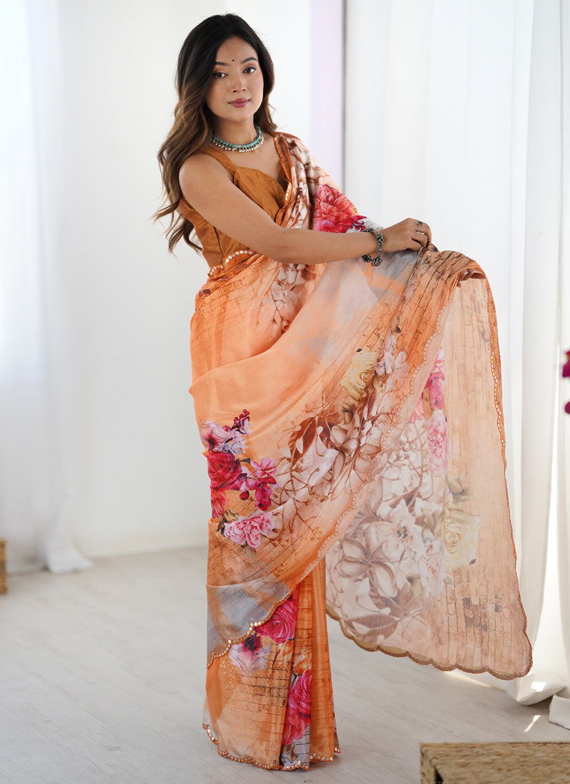 Multicolor Chinon Silk Print Saree with Mirror Work Border