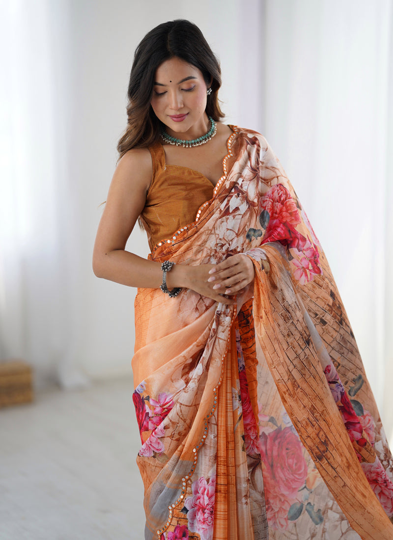 Multicolor Chinon Silk Print Saree with Mirror Work Border