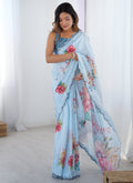 Sky blue Chinon silk designer saree with detailed mirror work on the border