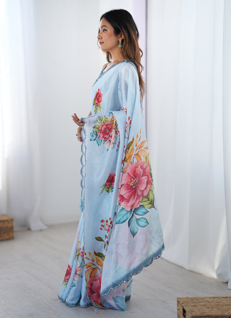 Sky Blue Chinon Silk Designer Saree with Mirror Work Border