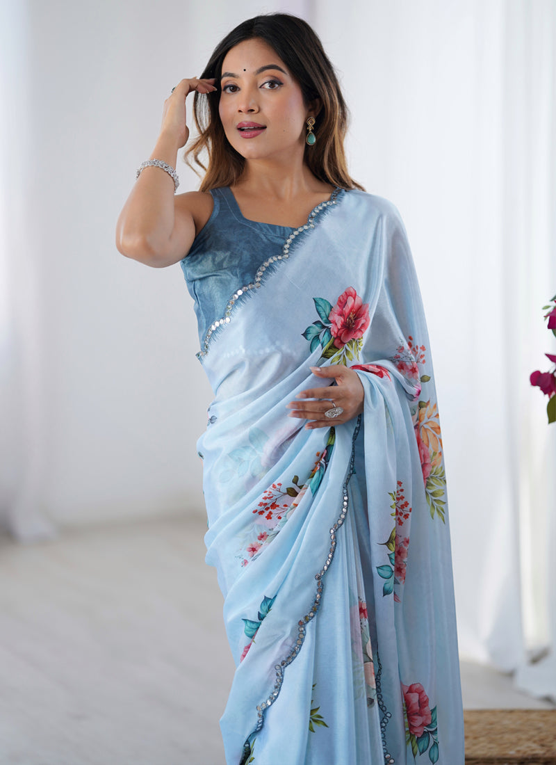 Sky Blue Chinon Silk Designer Saree with Mirror Work Border