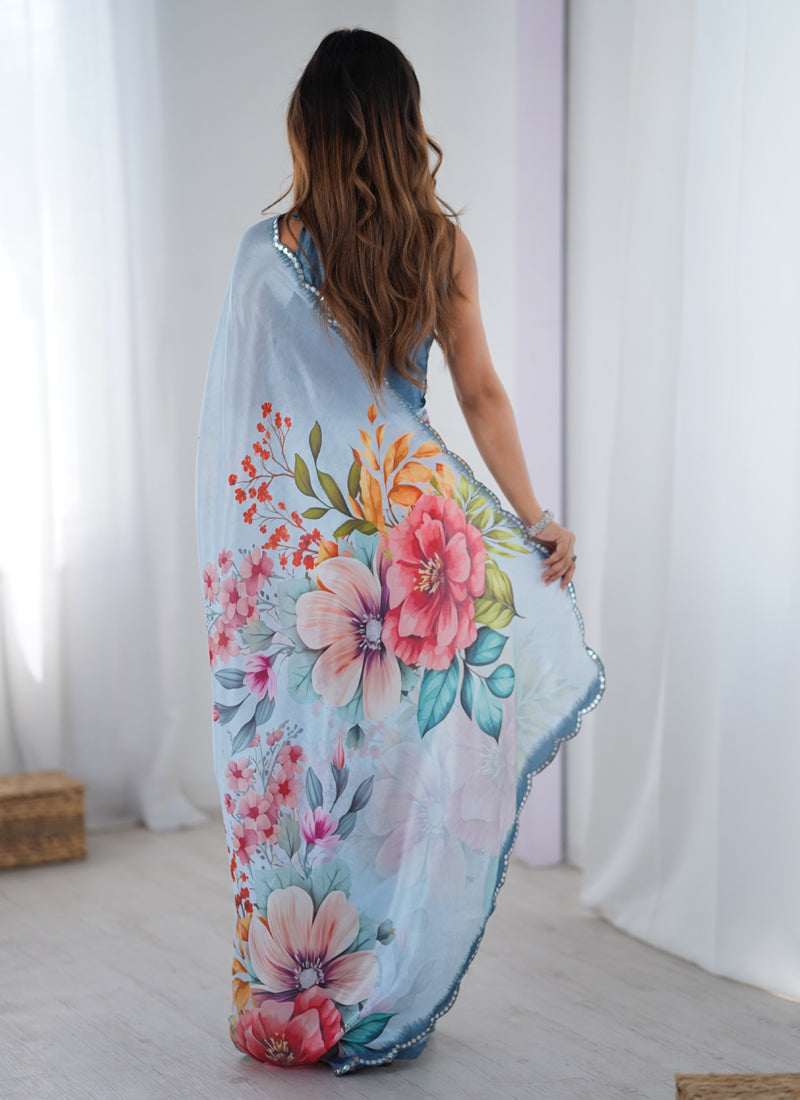 Sky Blue Chinon Silk Designer Saree with Mirror Work Border