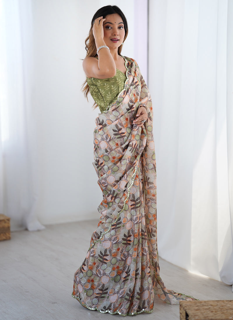 Multicolor Chinon silk designer saree with heavy mirror-work border detailing